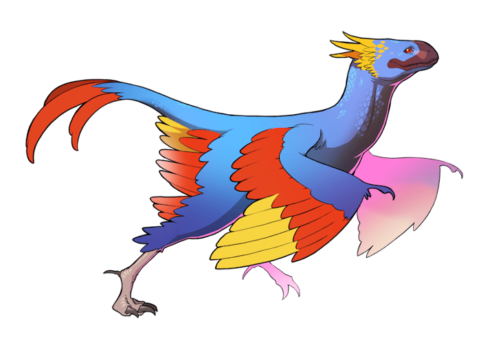 A brightly-coloured little dinosaur guy