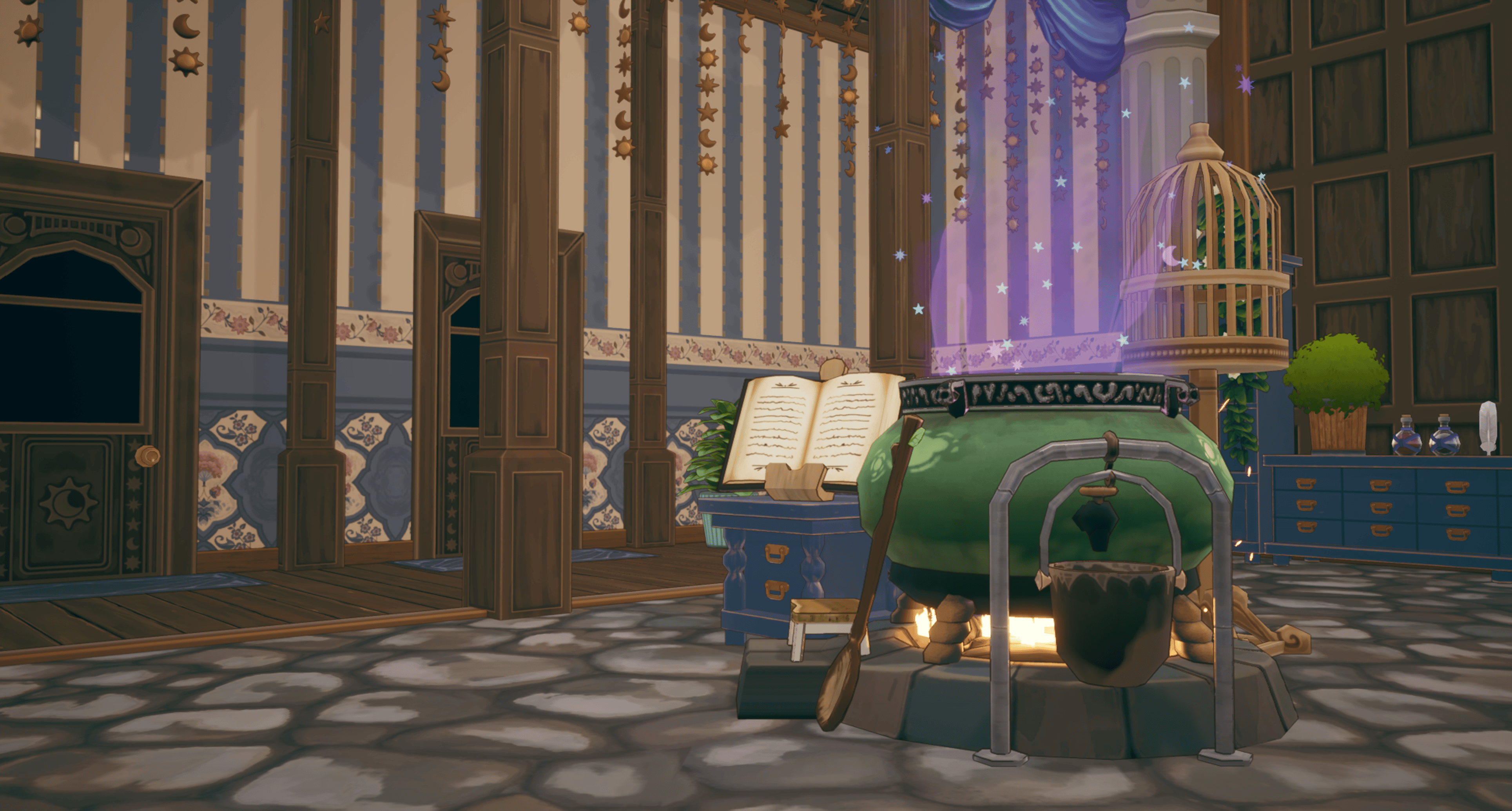 A big green cauldron lets out some purple steam, with glowy stars. An iron vessel is attached to the cauldron, to retrieve its contents. A giant wooden spoon is resting on the cauldron, and an open book sits nearby, on a blue filing cabinet. 